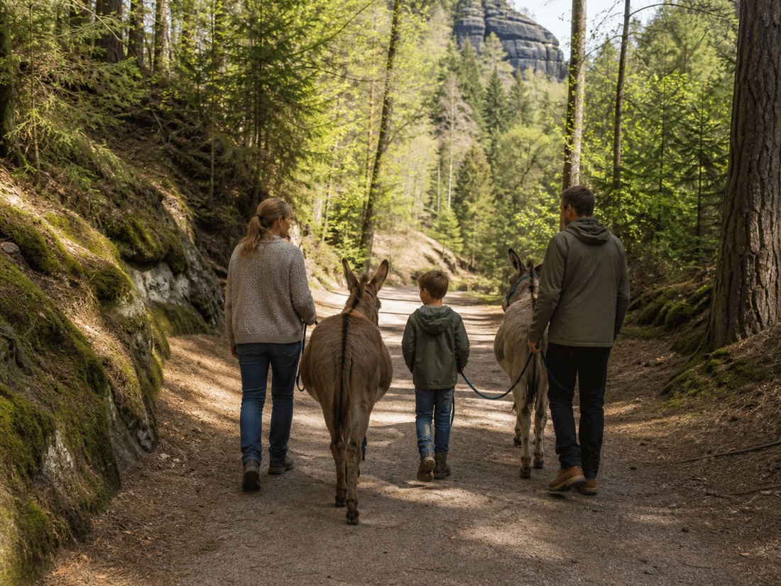 Eine Familie führt Lilly und Greta auf einem Waldweg