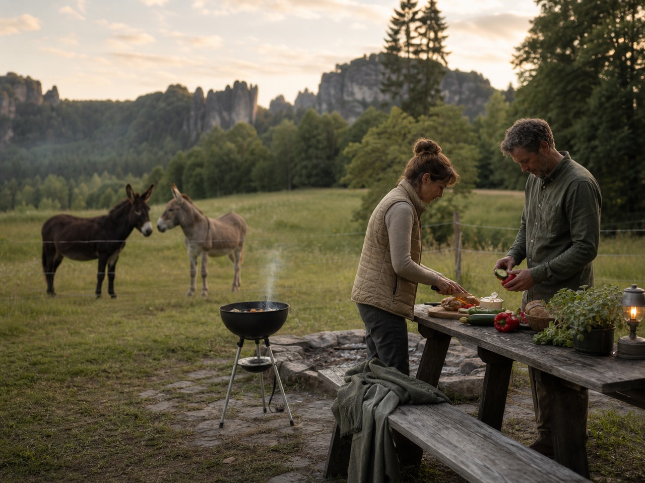Gemütliches Grillen am Waldrand mit Lilly und Greta auf der nahen Weide