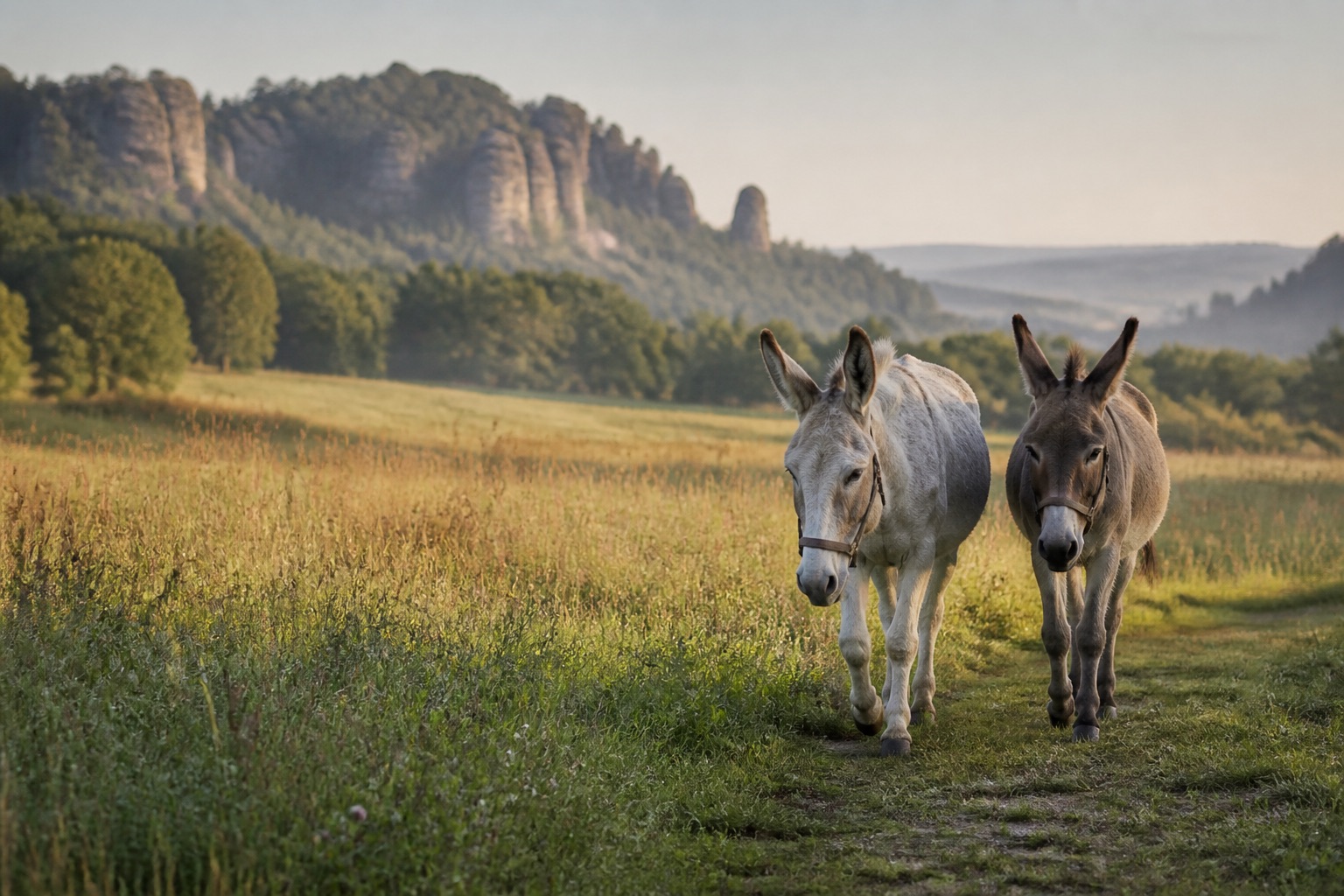 Lilly und Greta gehen über eine Wiese vor den Sandsteinfelsen der Sächsischen Schweiz