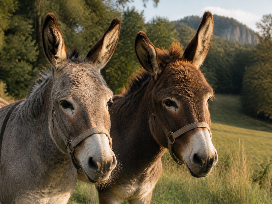 Porträt der beiden Esel Lilly und Greta auf einer Wiese