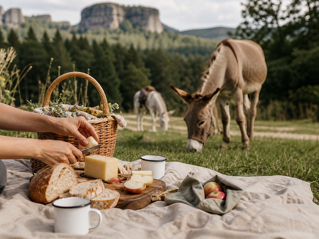Picknick mit Brot, Käse und Äpfeln auf einer Wiese neben den Eseln