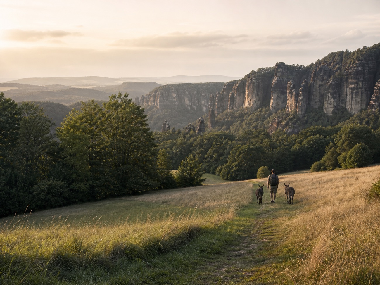 Wanderweg durch Wiesen mit Blick auf die Sandsteinfelsen der Sächsischen Schweiz